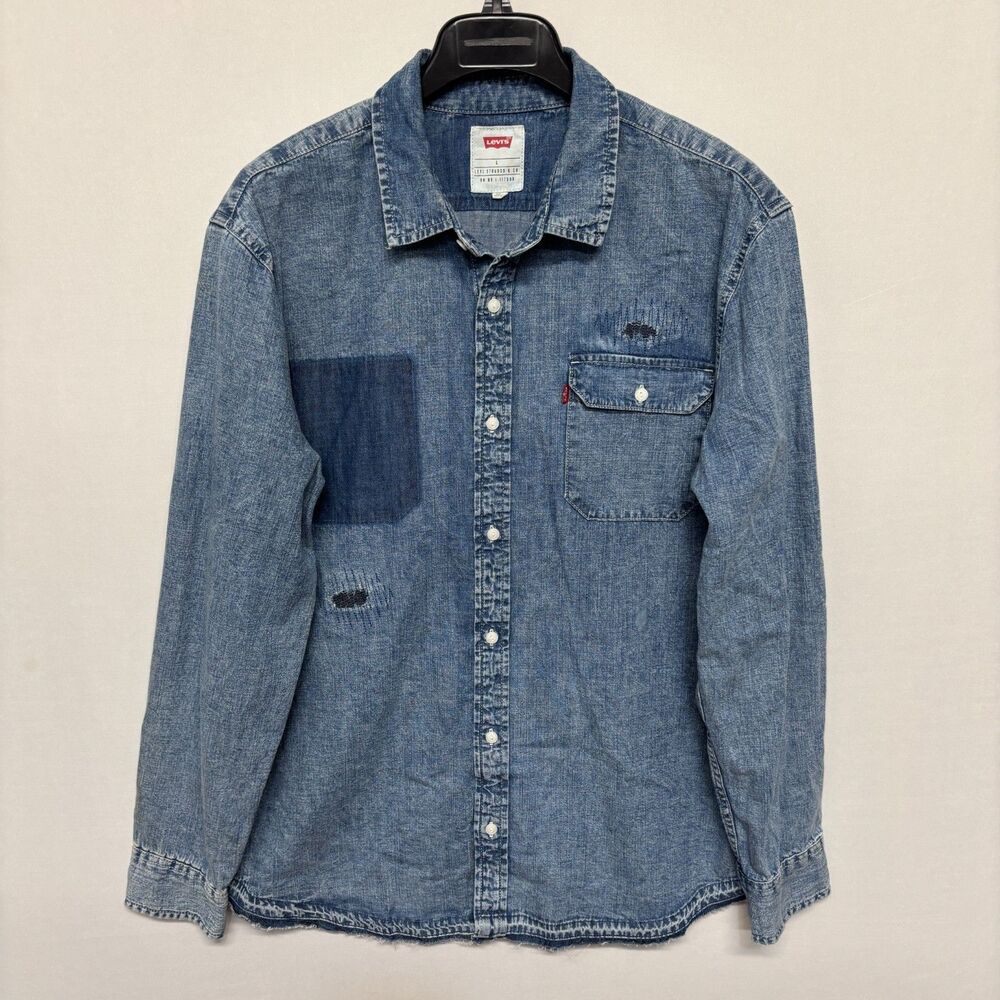 Levi's Men Distressed Denim Chambray Shirt Size Large Blue Grunge D134 -20